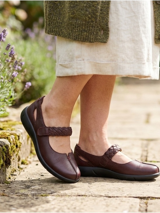 hotter Shoes - Hotter Burgundy Leather Mary Jane Flats Braided Strap Comfort Shoes Women's 6.5